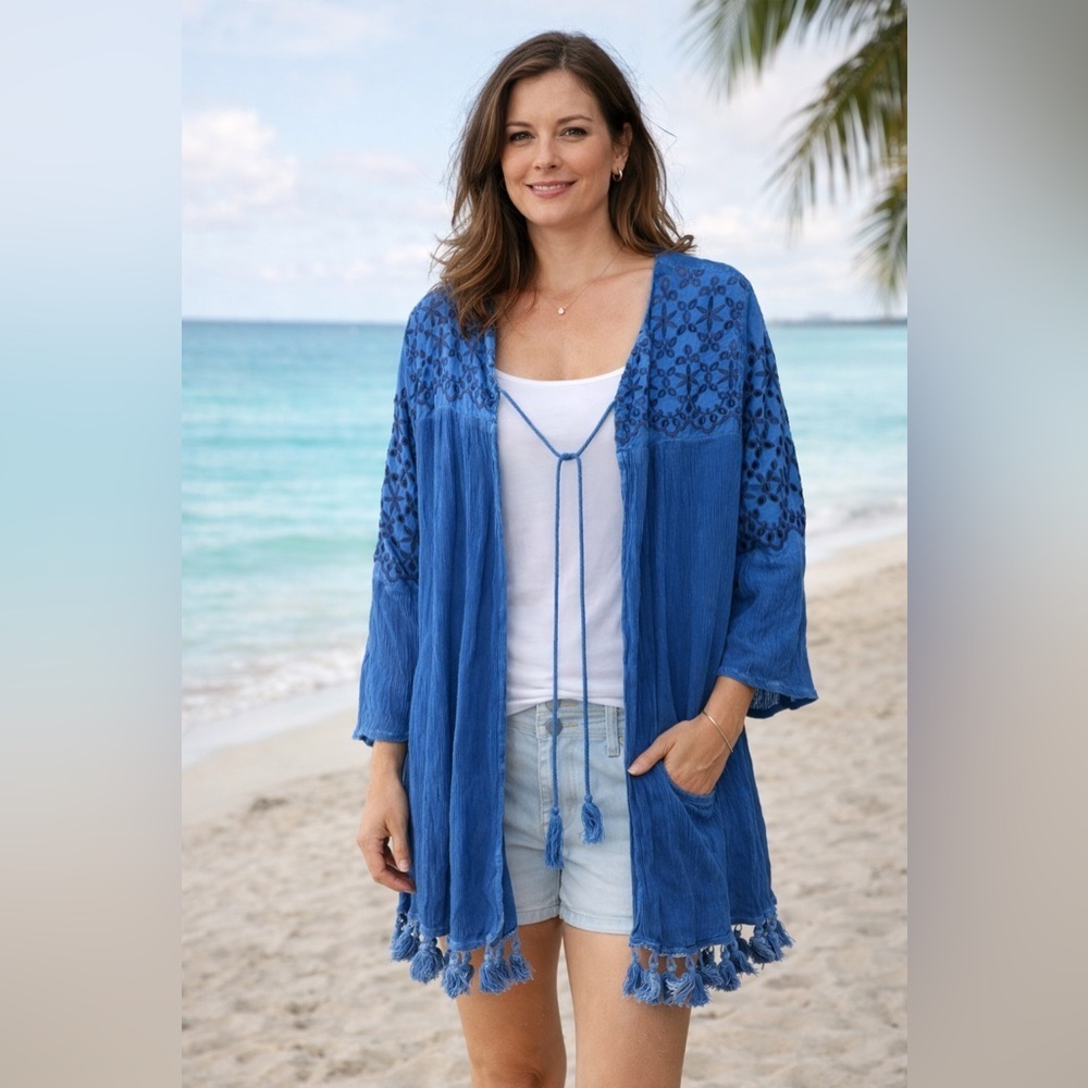 NWT Shoreline Blue Boho Tassel Cardigan | Beach Cover Up | Embroidered Size S/M